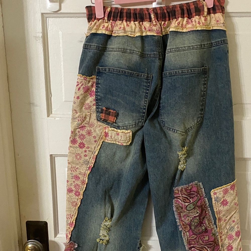 NWT Boho Patchwork Wide Leg Jeans | Floral Plaid Mixed Media Denim - Picture 5 of 9